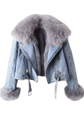 Light blue denim jacket with oversized gray faux-fur collar, fur-lined interior, fur cuffs, front zipper and metal buttons