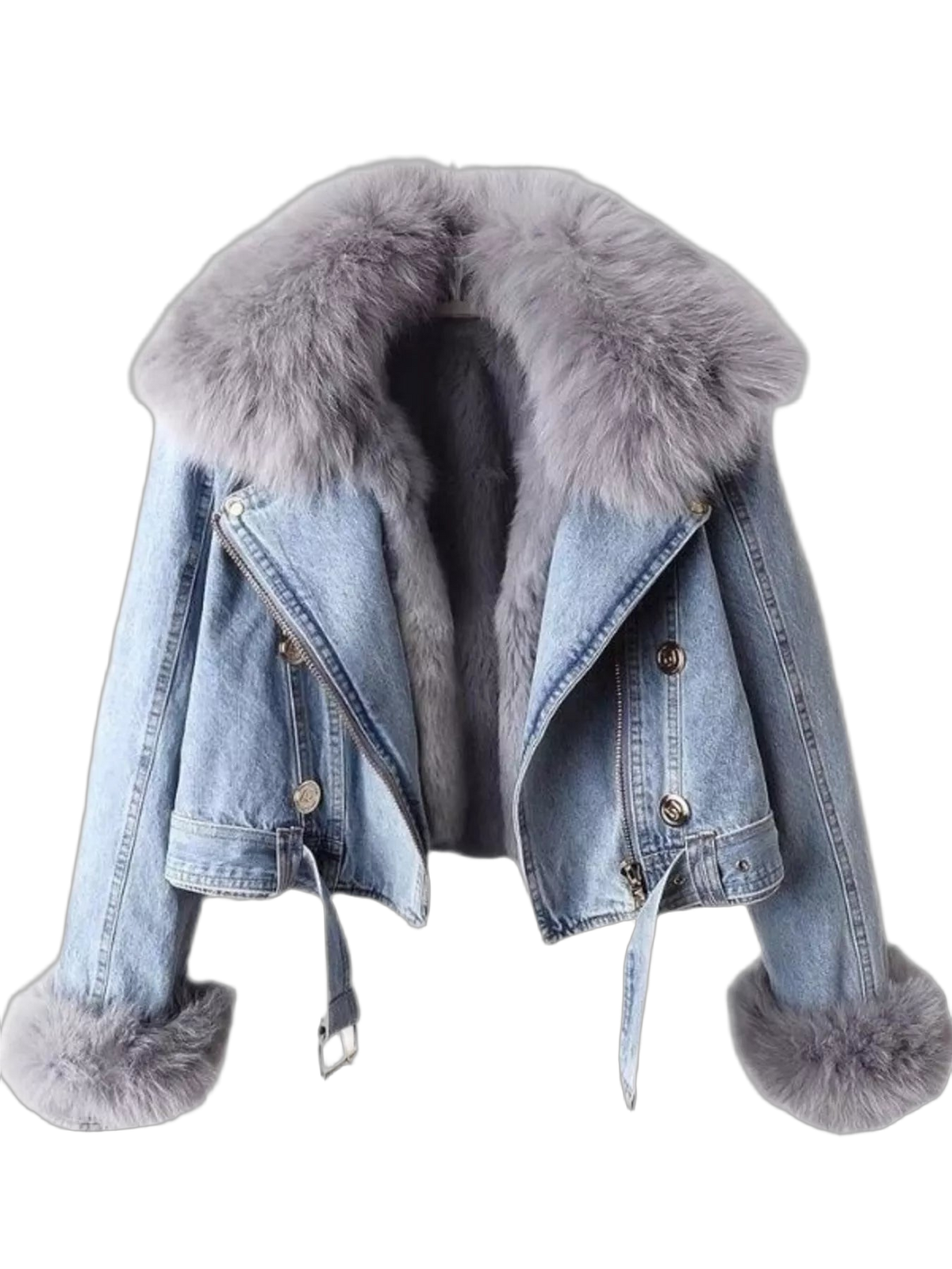 Light blue denim jacket with oversized gray faux-fur collar, fur-lined interior, fur cuffs, front zipper and metal buttons