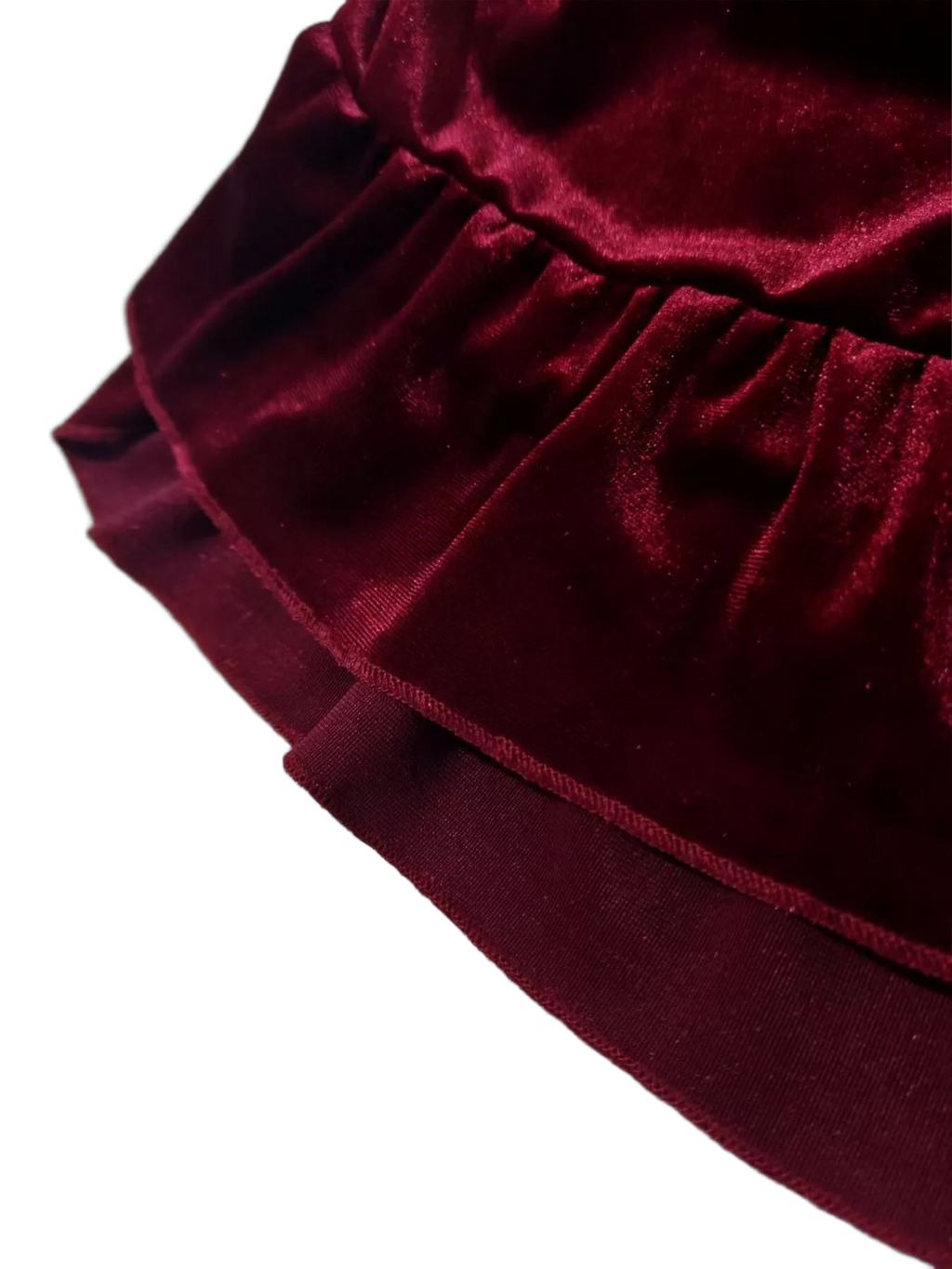 Deep burgundy velvet ruffled tiers with gathered elastic waistband and layered hem