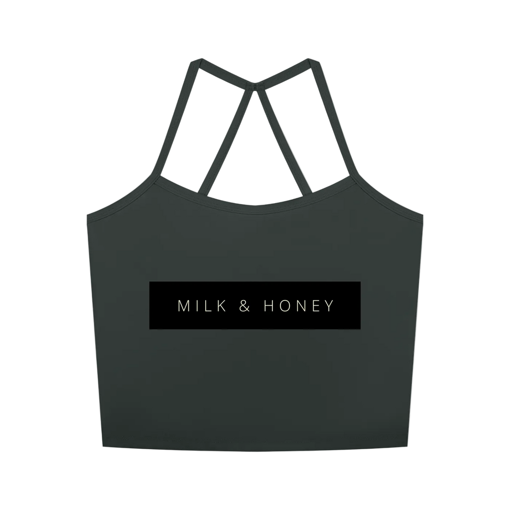 Gray sleeveless crop tank with thin crisscross straps and centered 'MILK & HONEY' rectangular logo