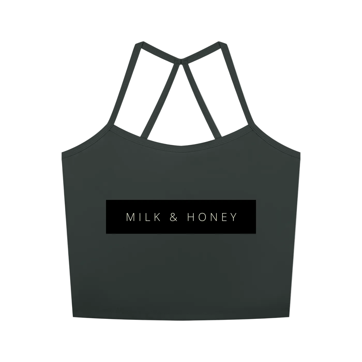 Gray sleeveless crop tank with thin crisscross straps and centered 'MILK & HONEY' rectangular logo
