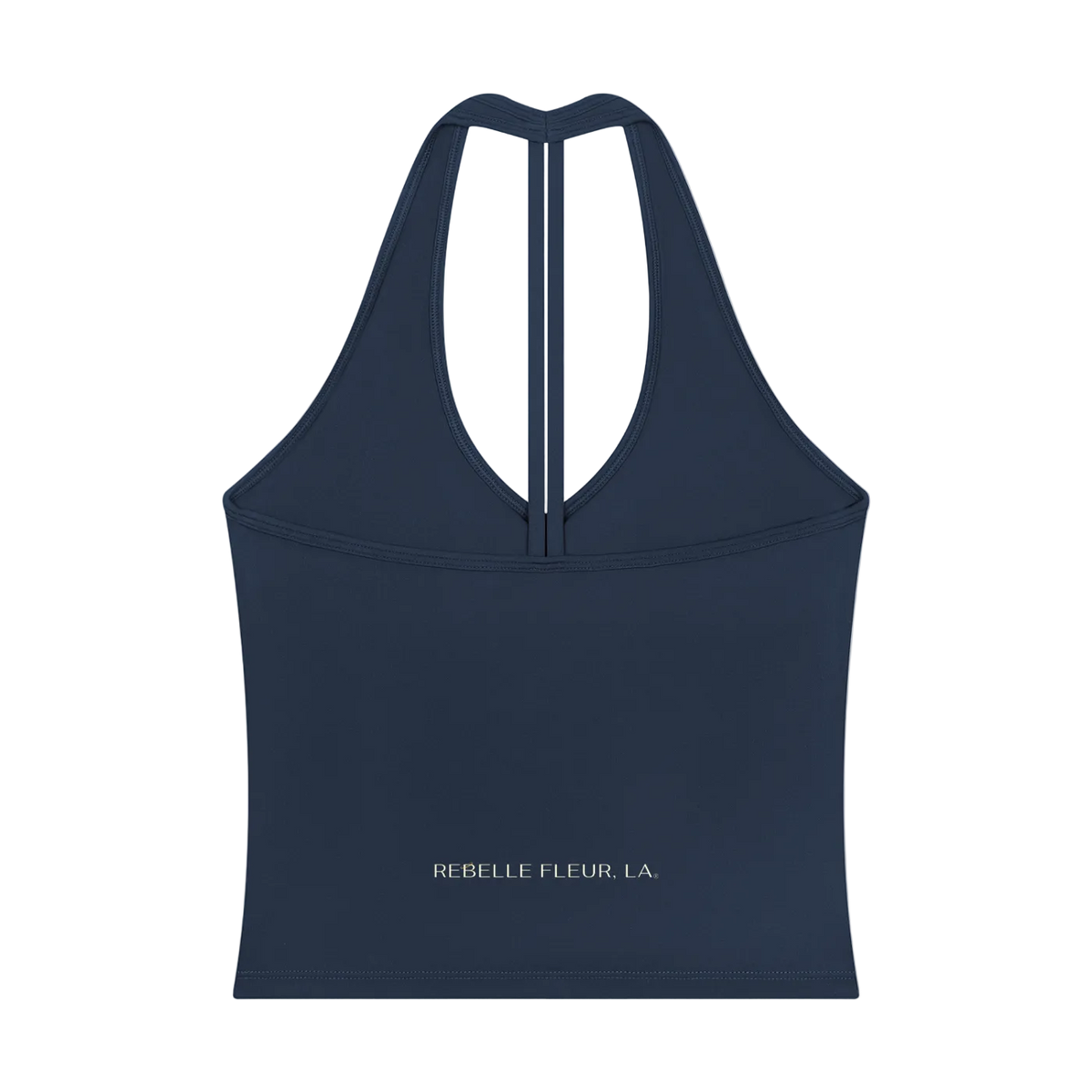 Halter-style V-back tank top with narrow center racerback strap and 'REBELLE FLEUR, LA.' logo near hem