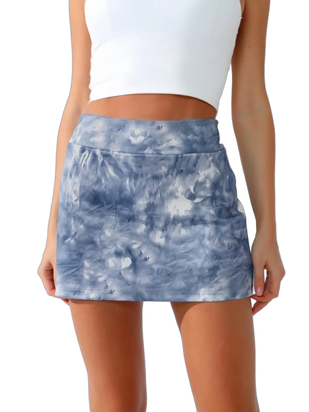 High-waist tie-dye skirt with wide waistband in dusty blue, above mid-thigh, shown with white cropped top