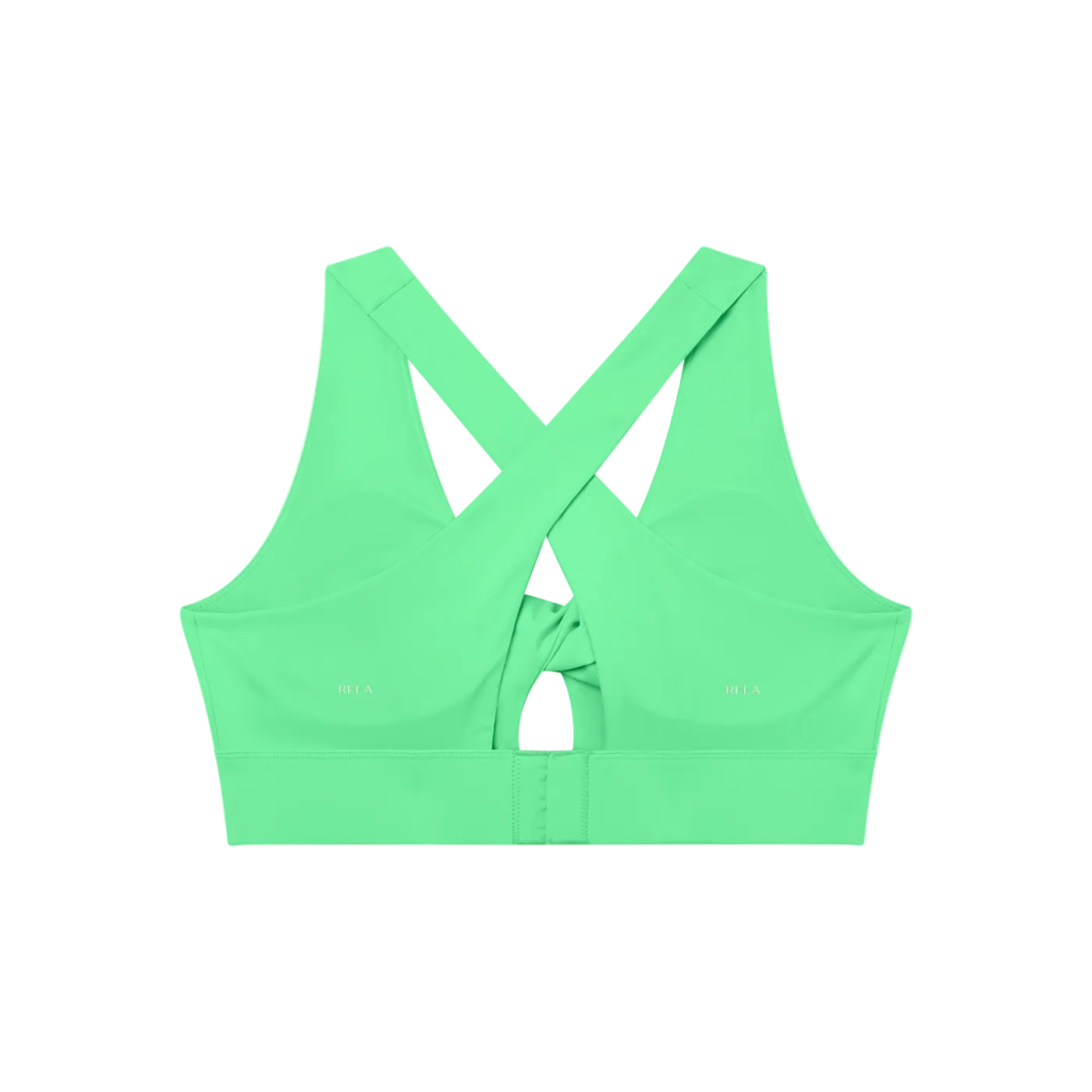 Mint-green sports bra back with crossed straps, small keyhole and hook-and-eye band closure