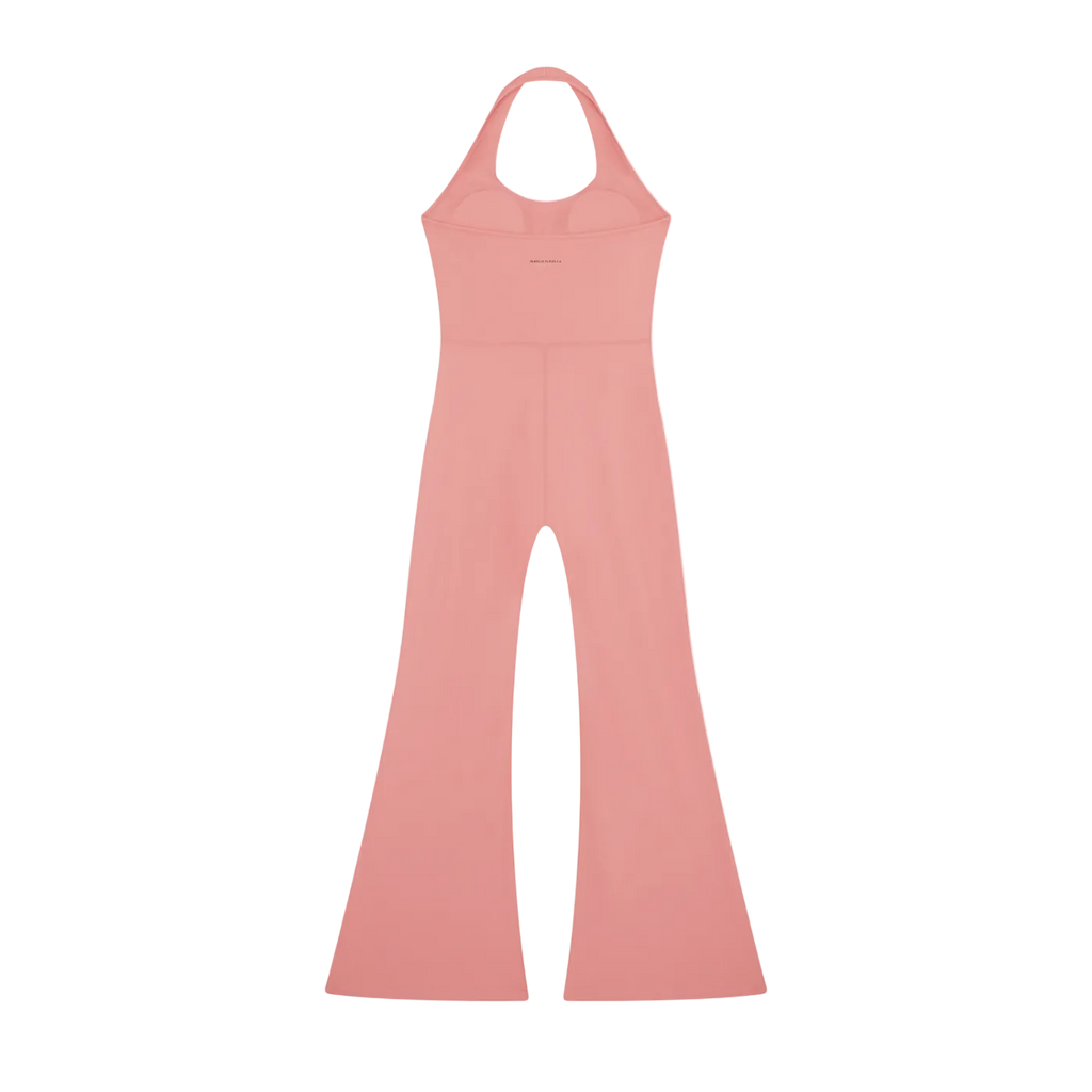 Halter sleeveless jumpsuit with built-in cups, high waist seam and wide flared pant legs on a black background