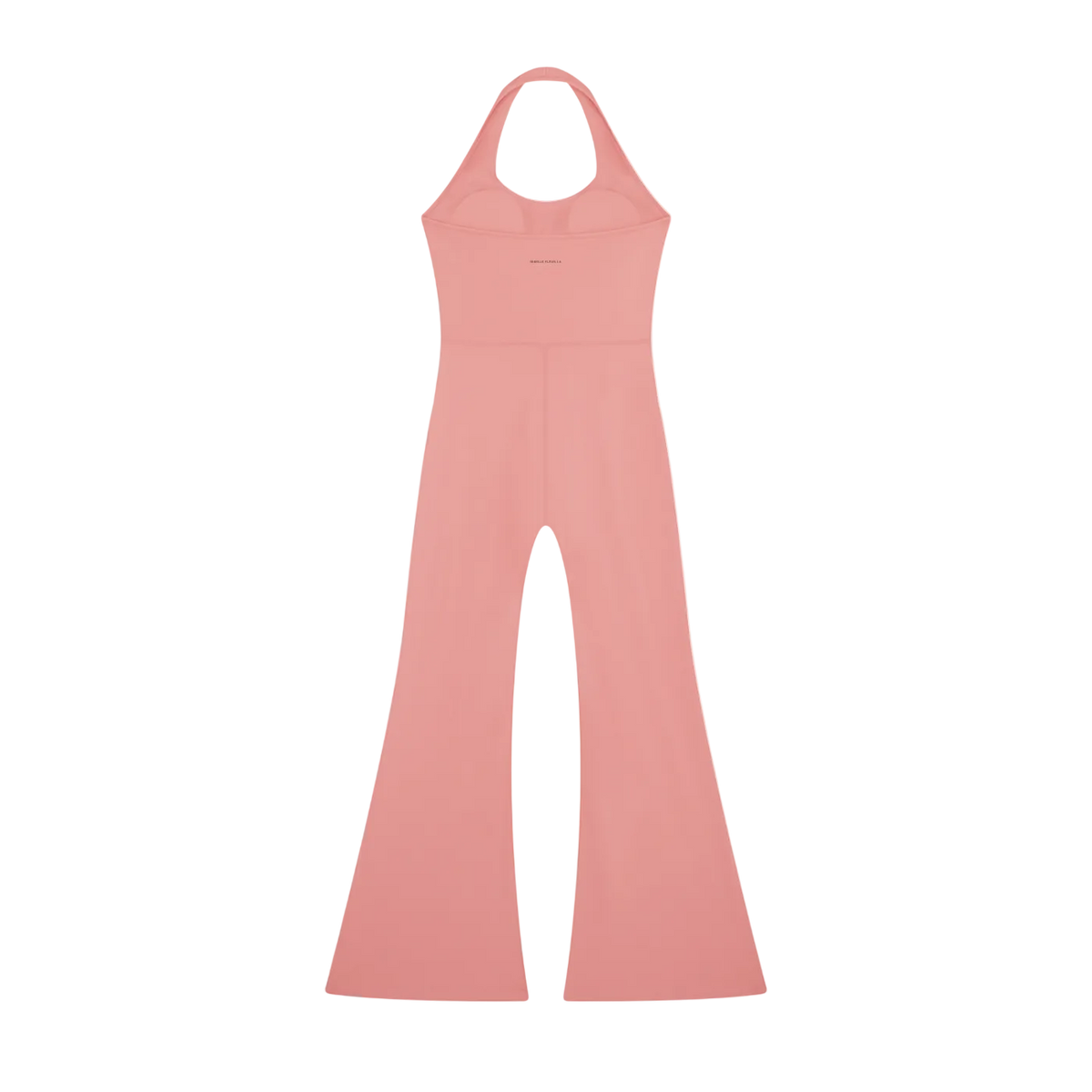 Halter sleeveless jumpsuit with built-in cups, high waist seam and wide flared pant legs on a black background