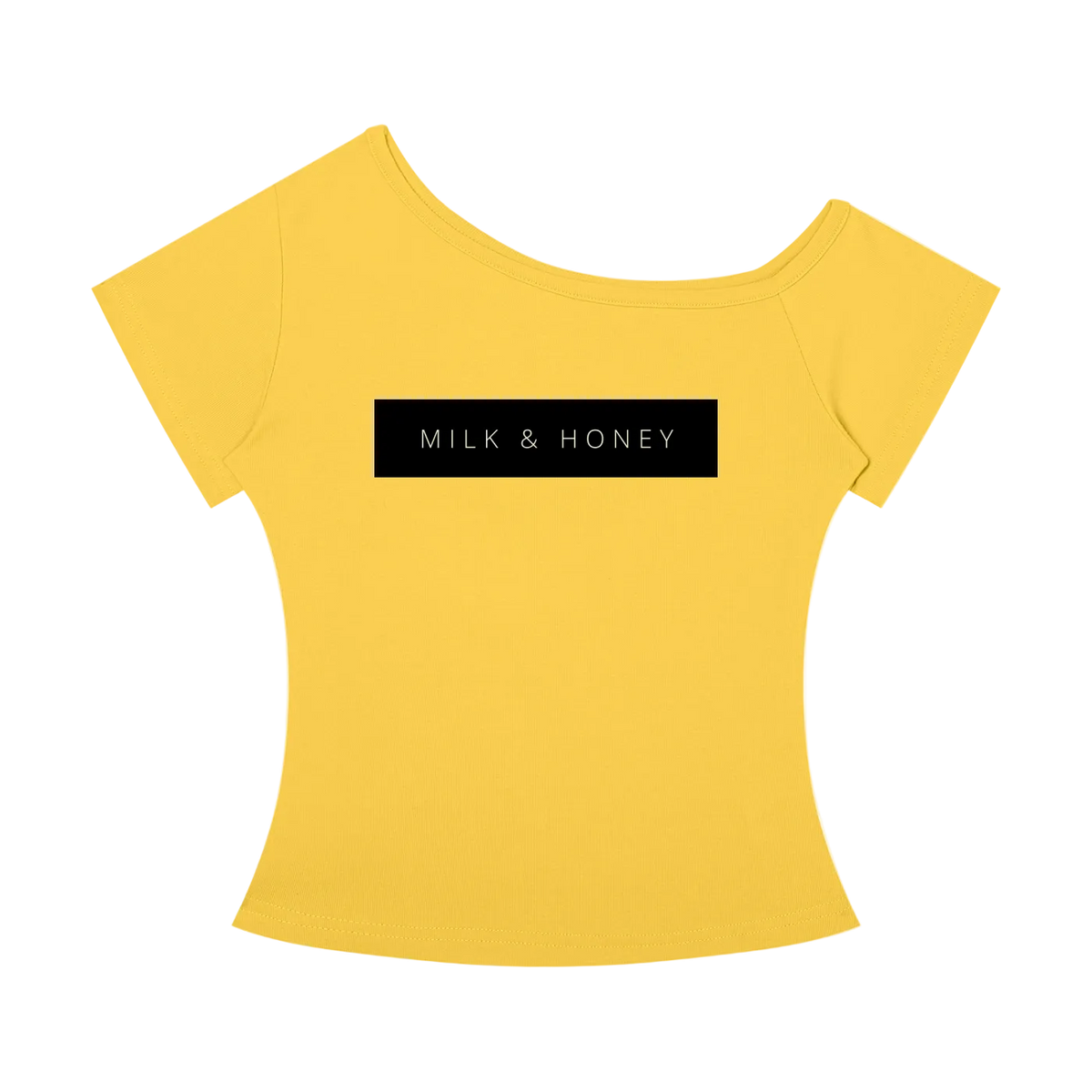 Yellow off-the-shoulder women's T-shirt with centered black rectangular 'MILK & HONEY' print