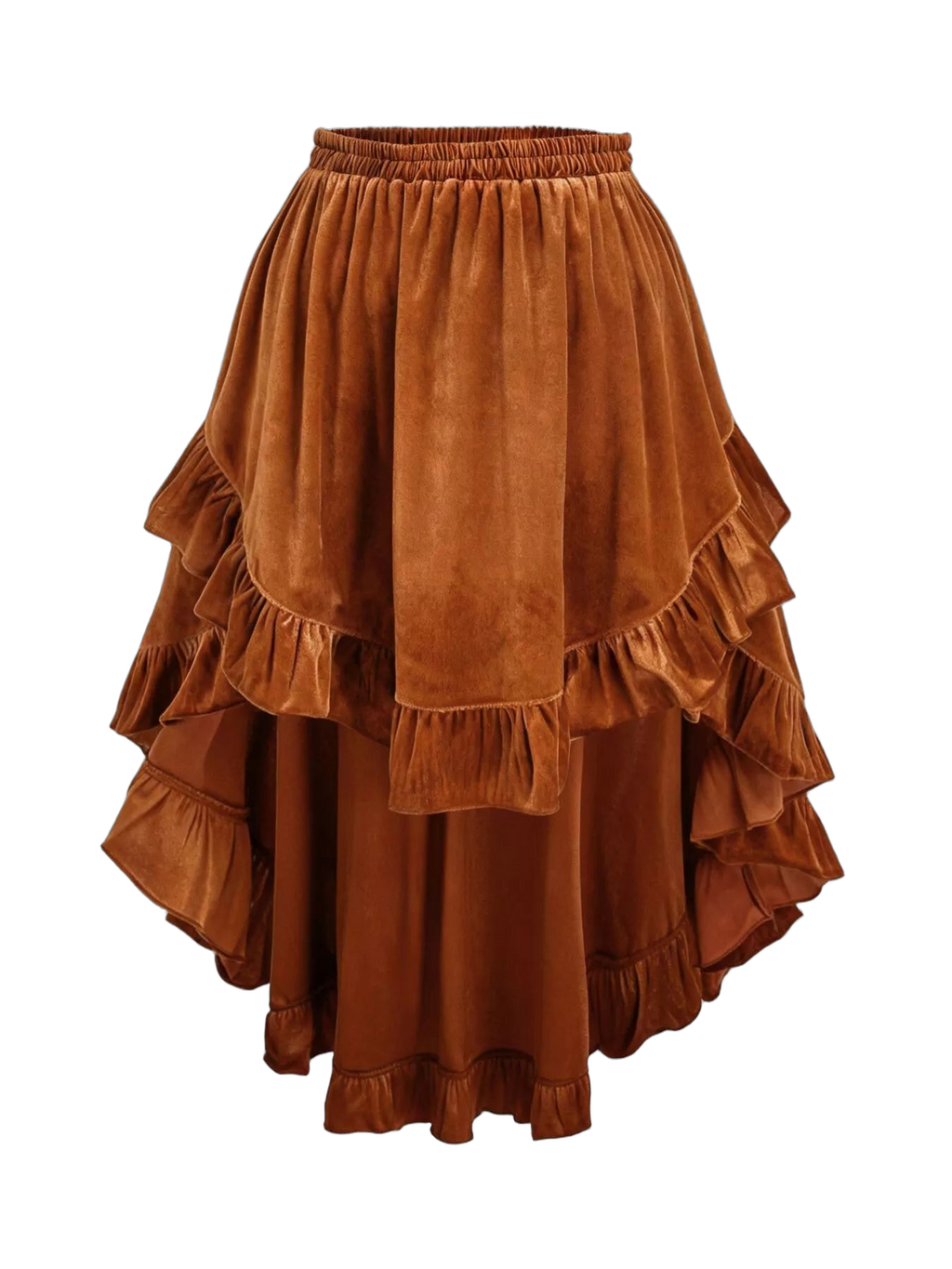 Caramel velvet skirt with gathered elastic waistband and cascading layered ruffles