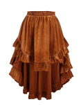 Caramel velvet skirt with gathered elastic waistband and cascading layered ruffles