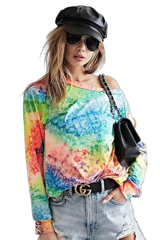 Off-shoulder long-sleeve tie-dye knit tee in green, blue, pink and orange; worn with black chain-strap bag