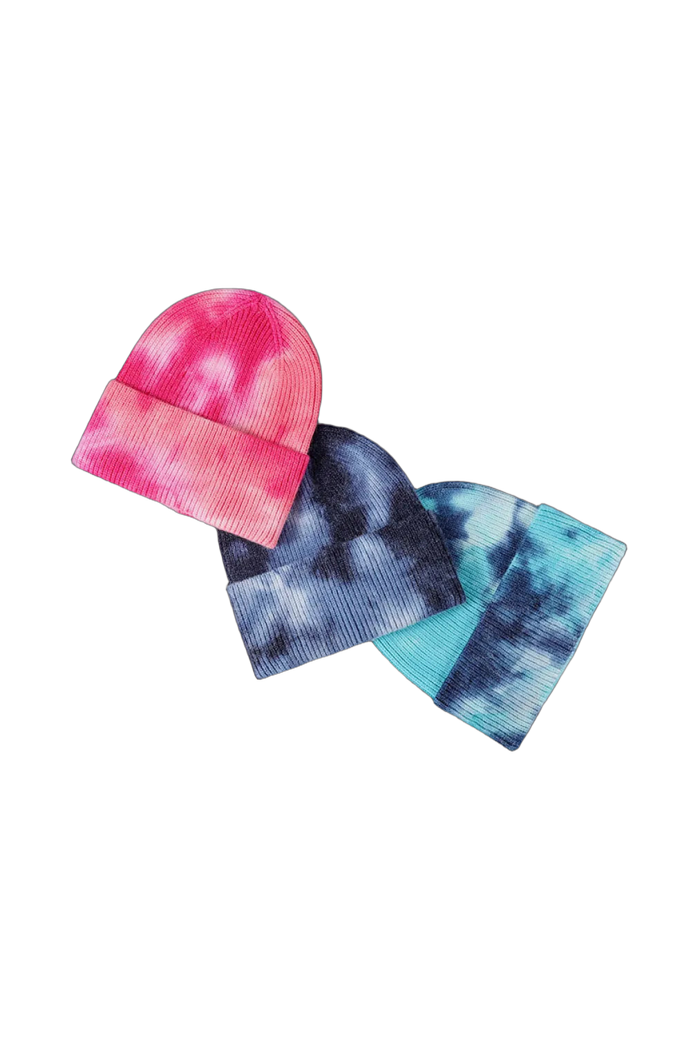 Three cuffed rib-knit tie-dye beanies in pink, navy and teal arranged on a black background