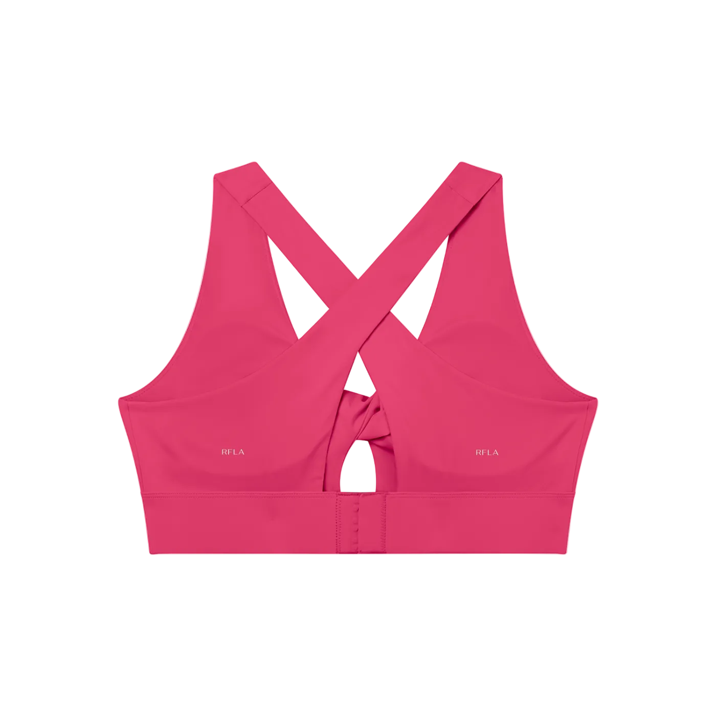 Fuchsia sports bra with wide crossed back straps, center twist knot, hook-and-eye back closure and small RFLA logos