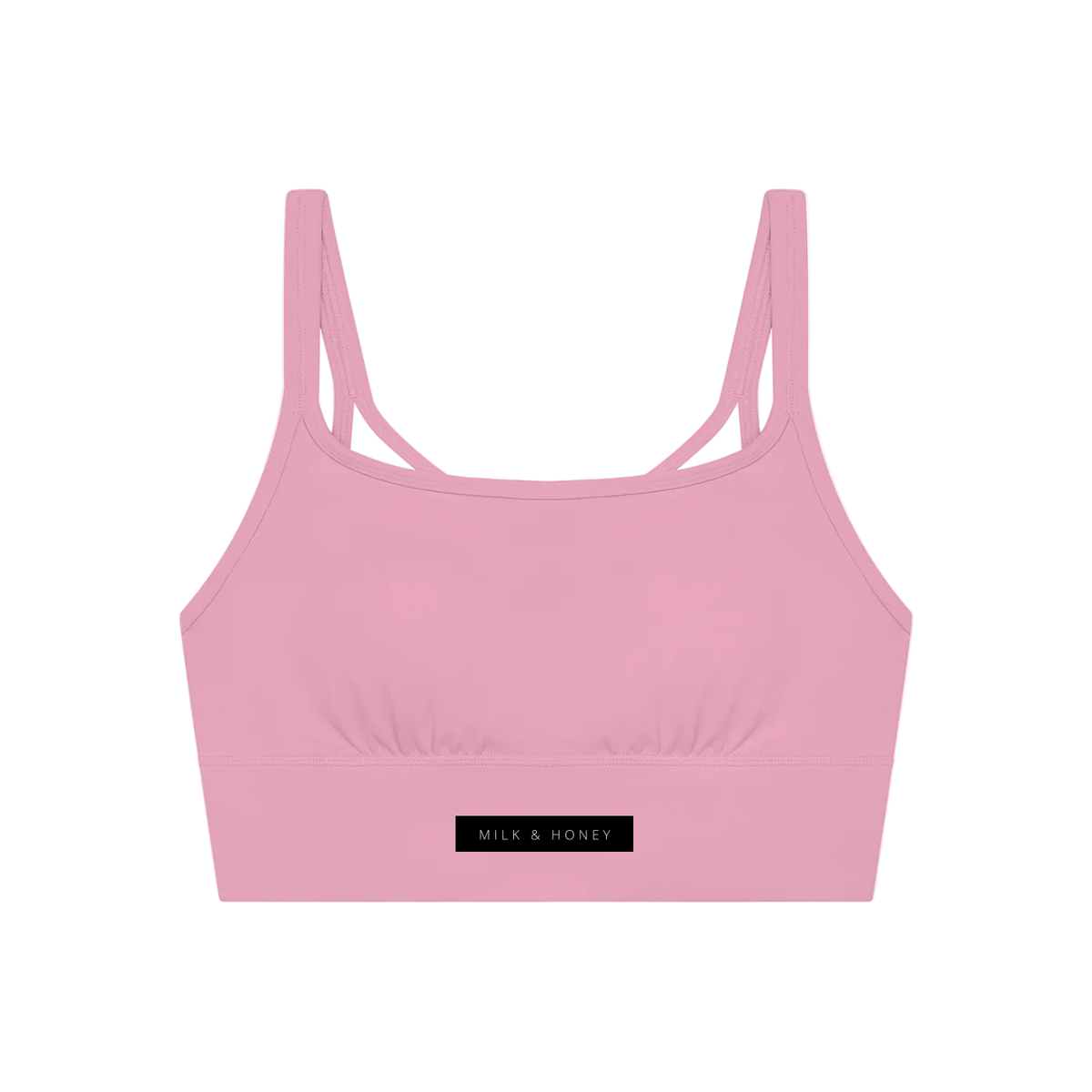 Pink cropped tank with narrow double shoulder straps and a black "MILK & HONEY" label at center front