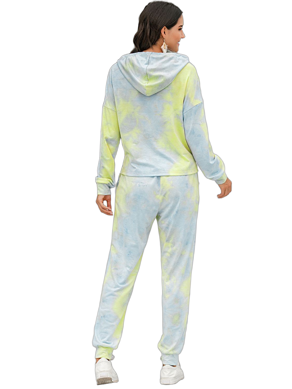 Woman wearing light blue and yellow tie-dye hooded sweatshirt and jogger pants, back view, white sneakers