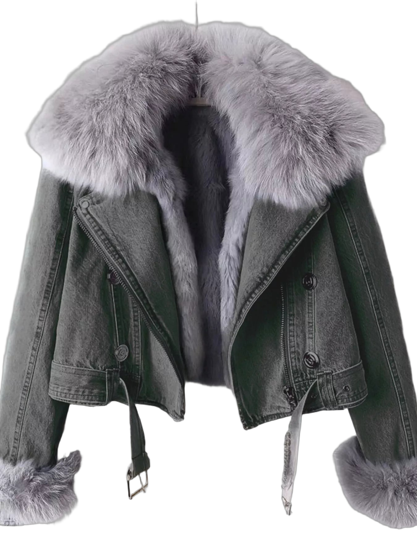 Dark denim jacket with oversized plush faux fur collar and fur-trimmed cuffs, double-breasted front and hanging waist belt