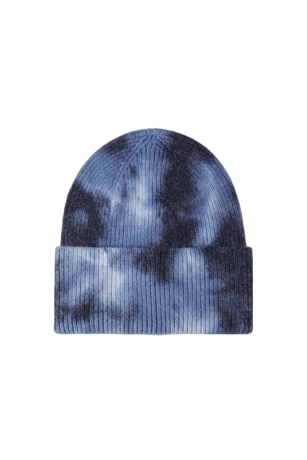 Rib-knit cuffed beanie with blue and dark tie-dye pattern, folded cuff, flat-lay on black background