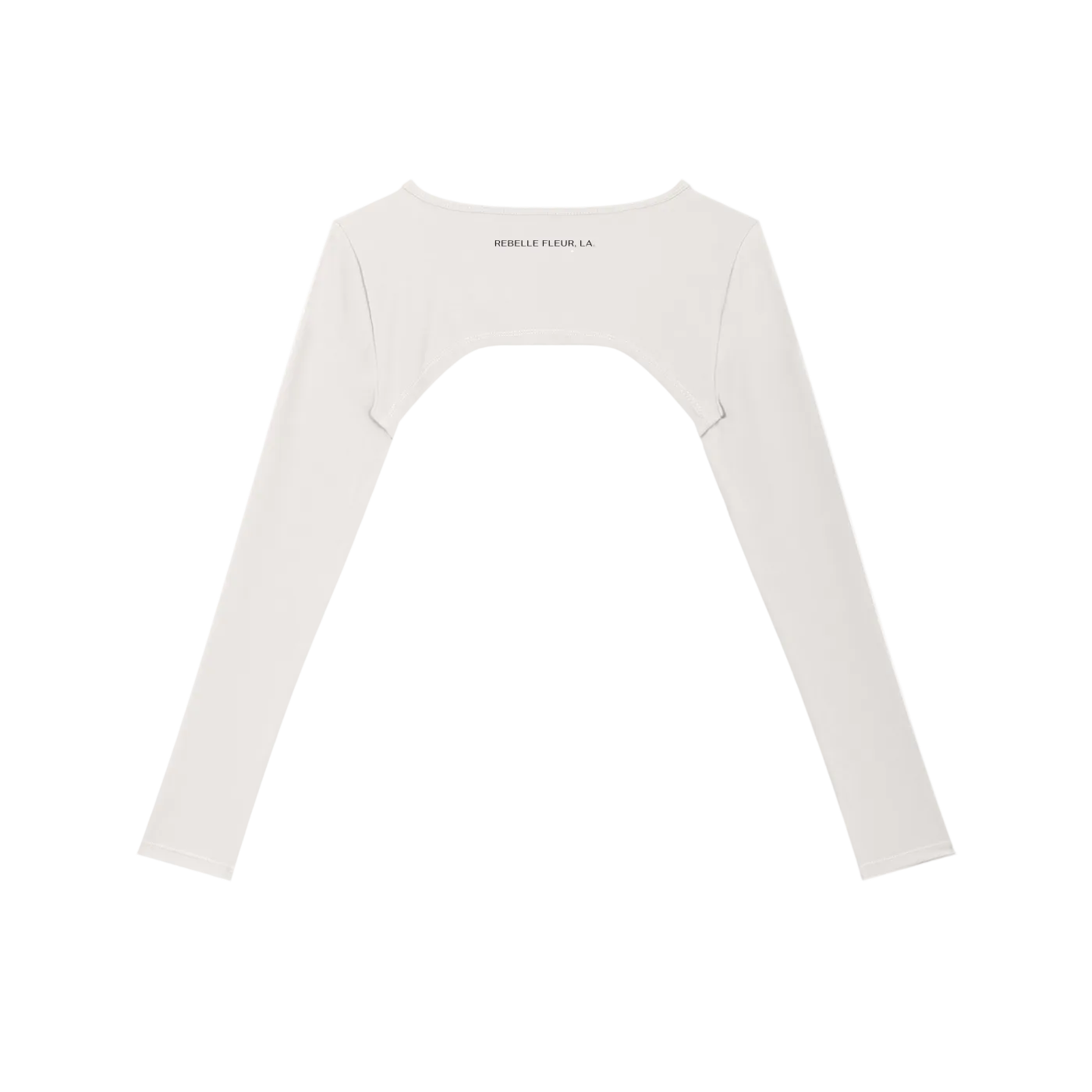 Cropped long-sleeve shrug with arched back cutout and small "REBELLE FLEUR, LA." text at upper back