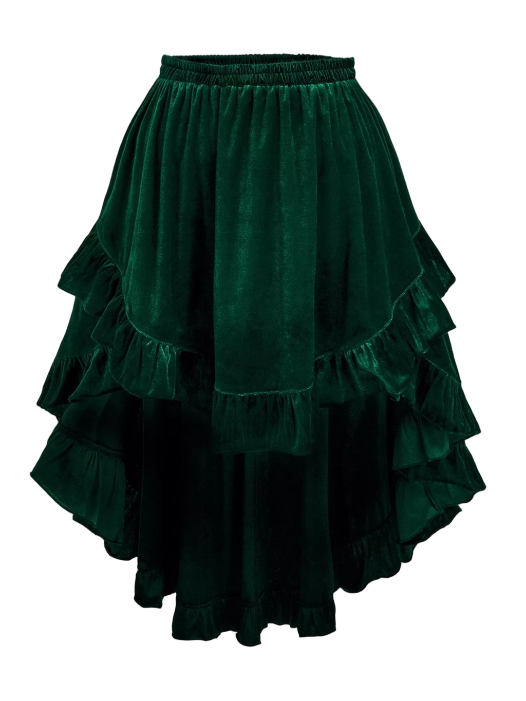 Dark green velvet skirt with gathered elastic waistband and cascading ruffled tiers