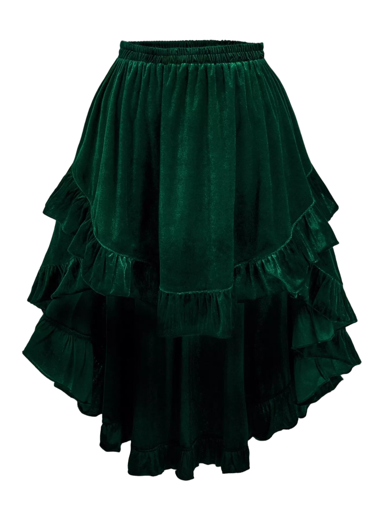 Dark green velvet skirt with gathered elastic waistband and cascading ruffled tiers