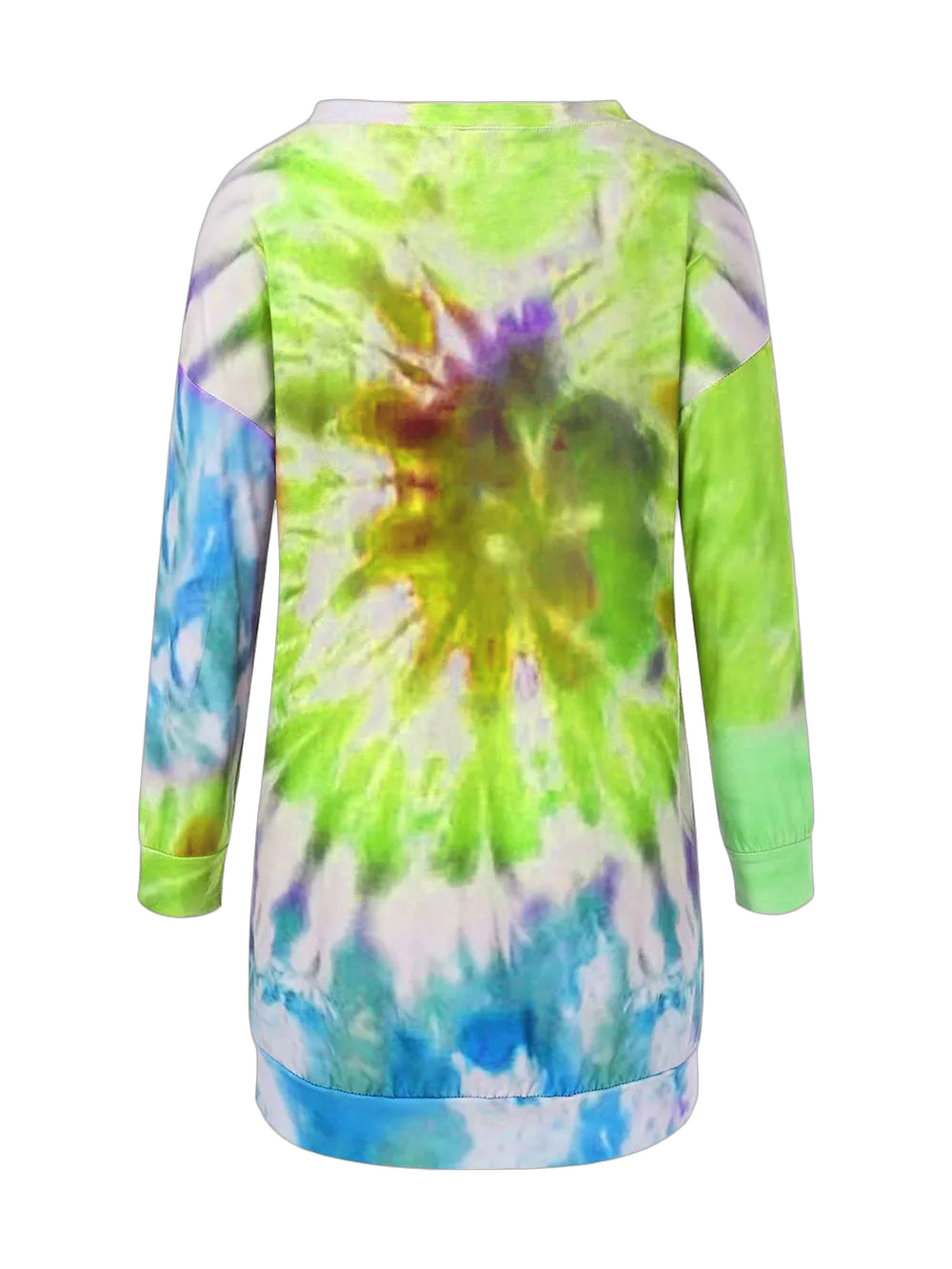 Back view of round-neck long-sleeve tie-dye dress with green, blue, purple and yellow swirl pattern and banded cuffs