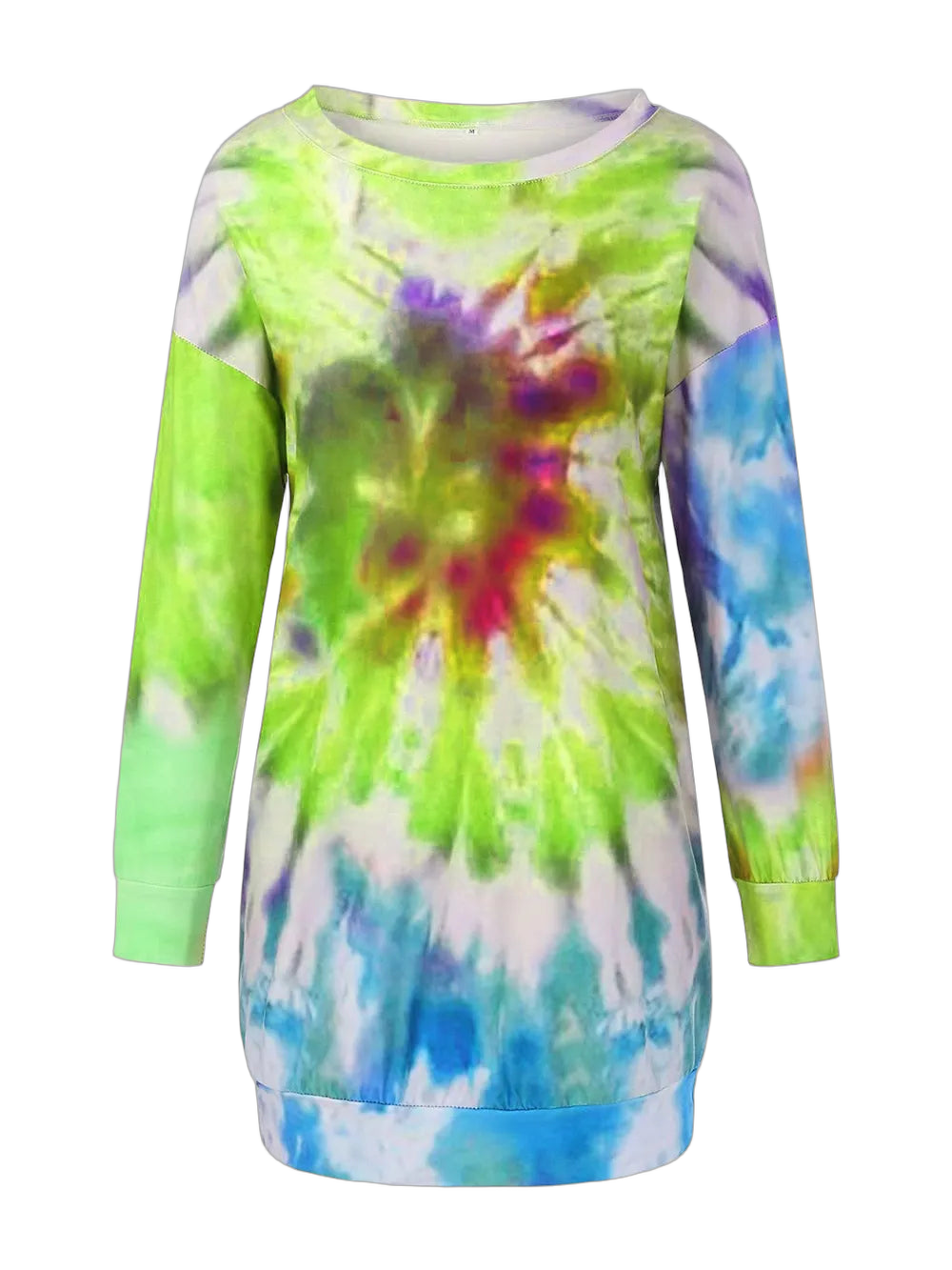 Long-sleeve round-neck tie-dye dress with green, blue and purple swirl pattern and cuffed sleeves