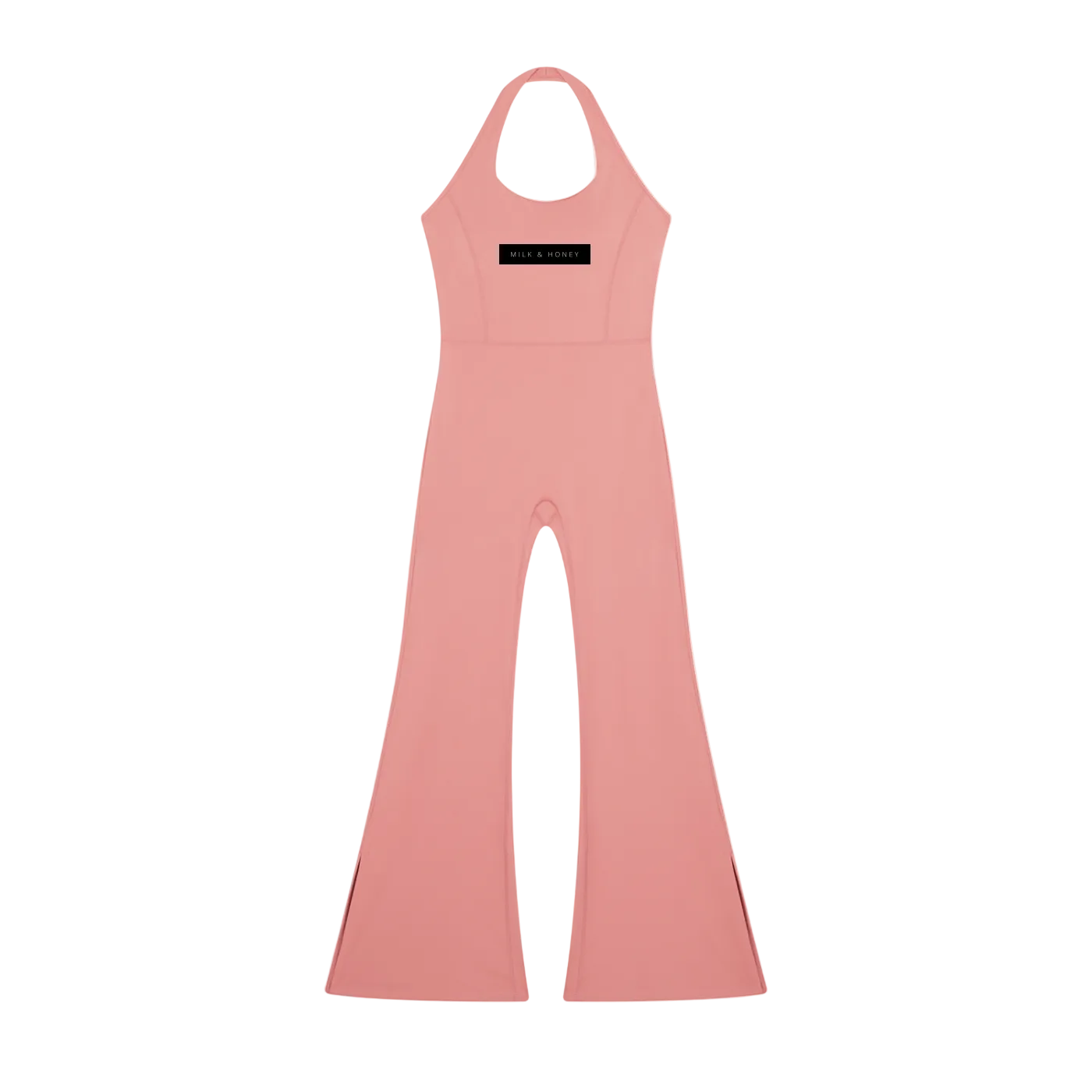 Pink halter-neck jumpsuit with fitted bodice, flared bell-bottom legs and black chest label reading 'MILK & HONEY'
