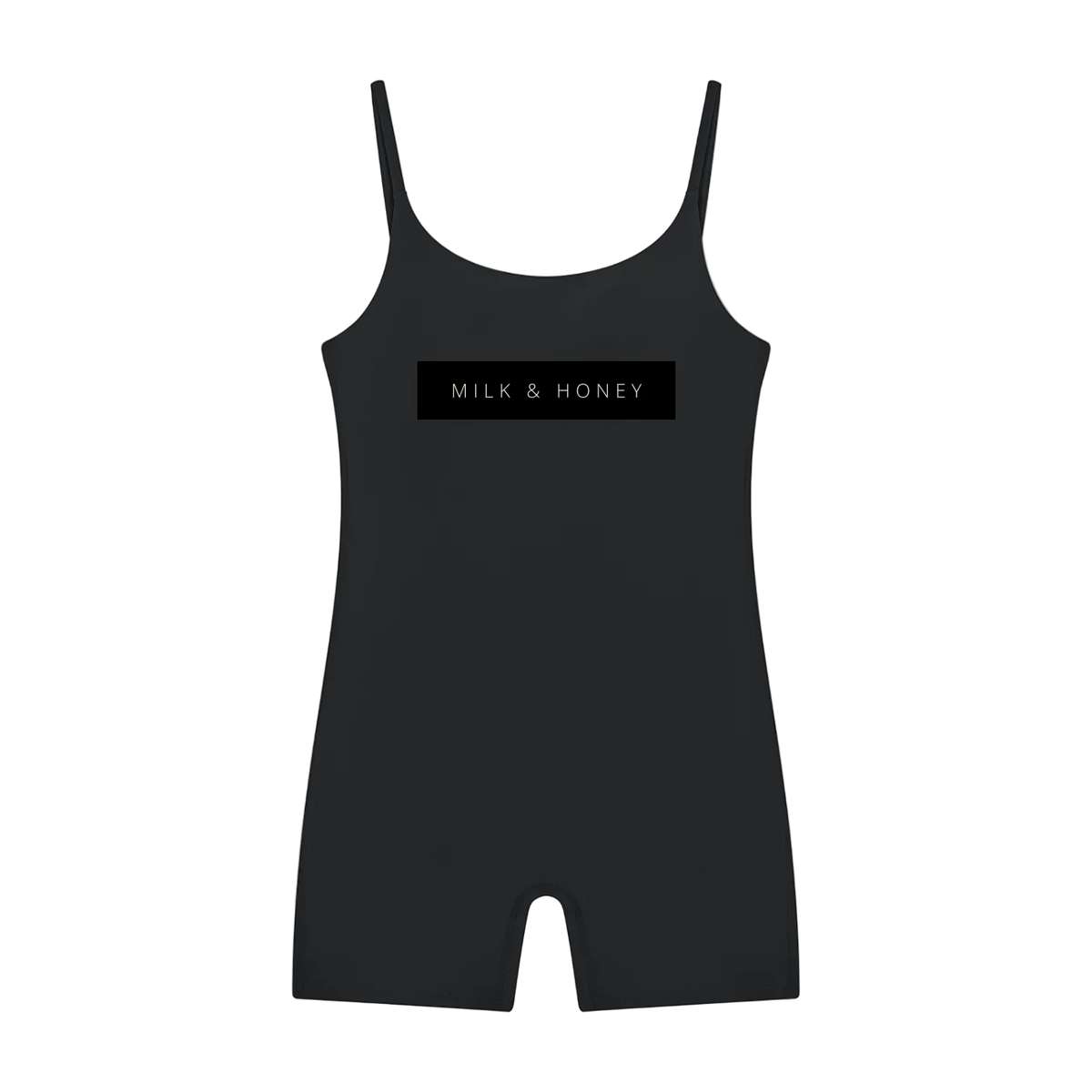 Sleeveless U-neck romper with thin spaghetti straps and centered rectangular 'MILK & HONEY' chest logo