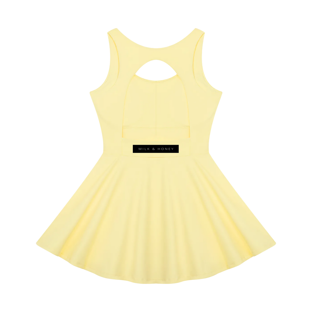 Sleeveless light yellow dress back with keyhole cutout, fitted bodice, flared skirt, and black MILK & HONEY label