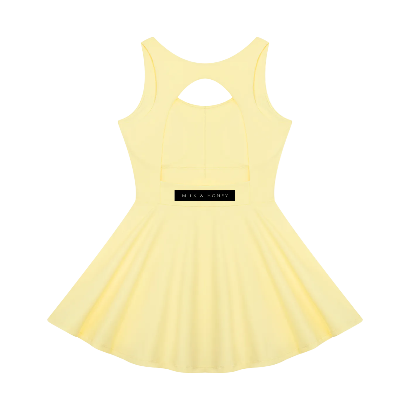 Sleeveless light yellow dress back with keyhole cutout, fitted bodice, flared skirt, and black MILK & HONEY label