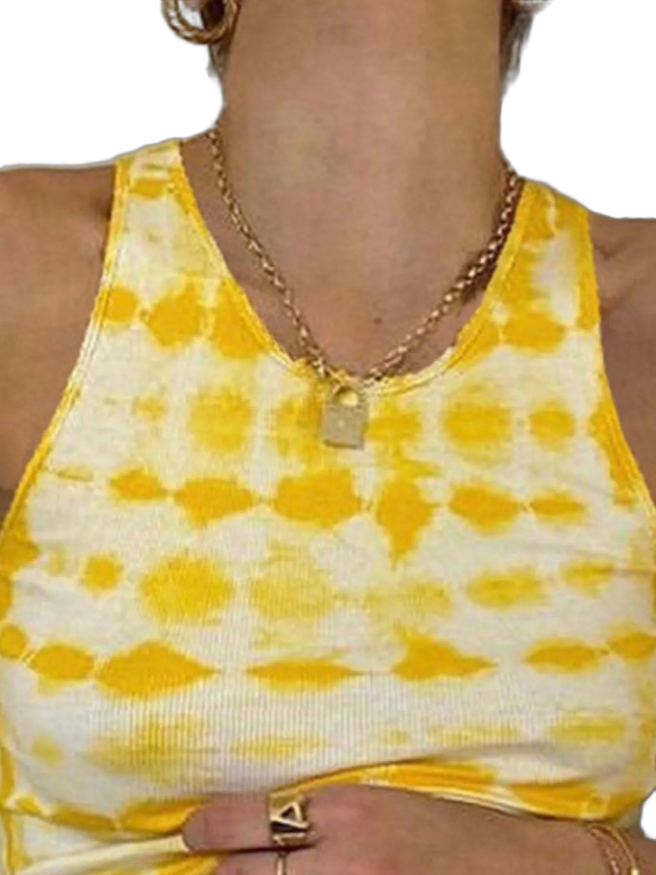 Ribbed yellow-and-white tie-dye tank top with gold chain pendant and a hand wearing a gold ring at the waist