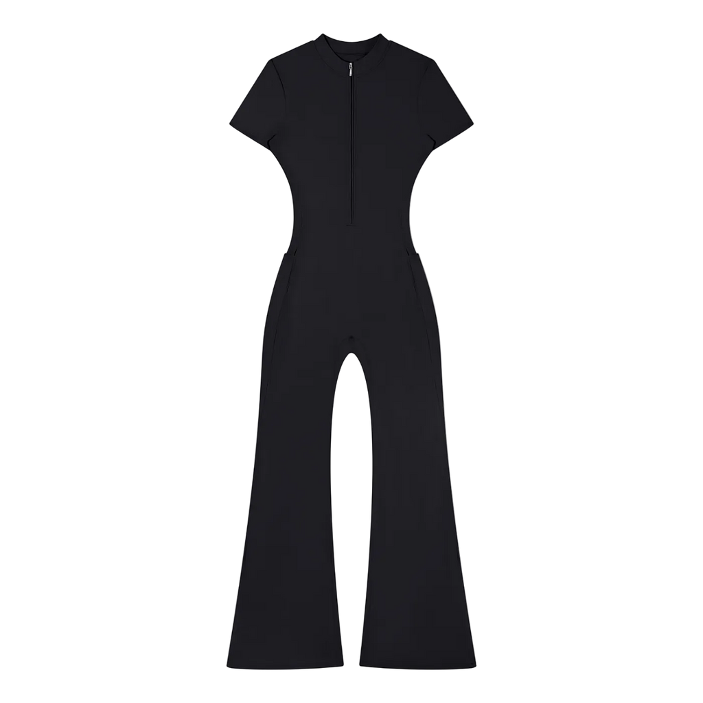 Short-sleeve women's quarter-zip jumpsuit with fitted waist, flared legs and side seam pockets