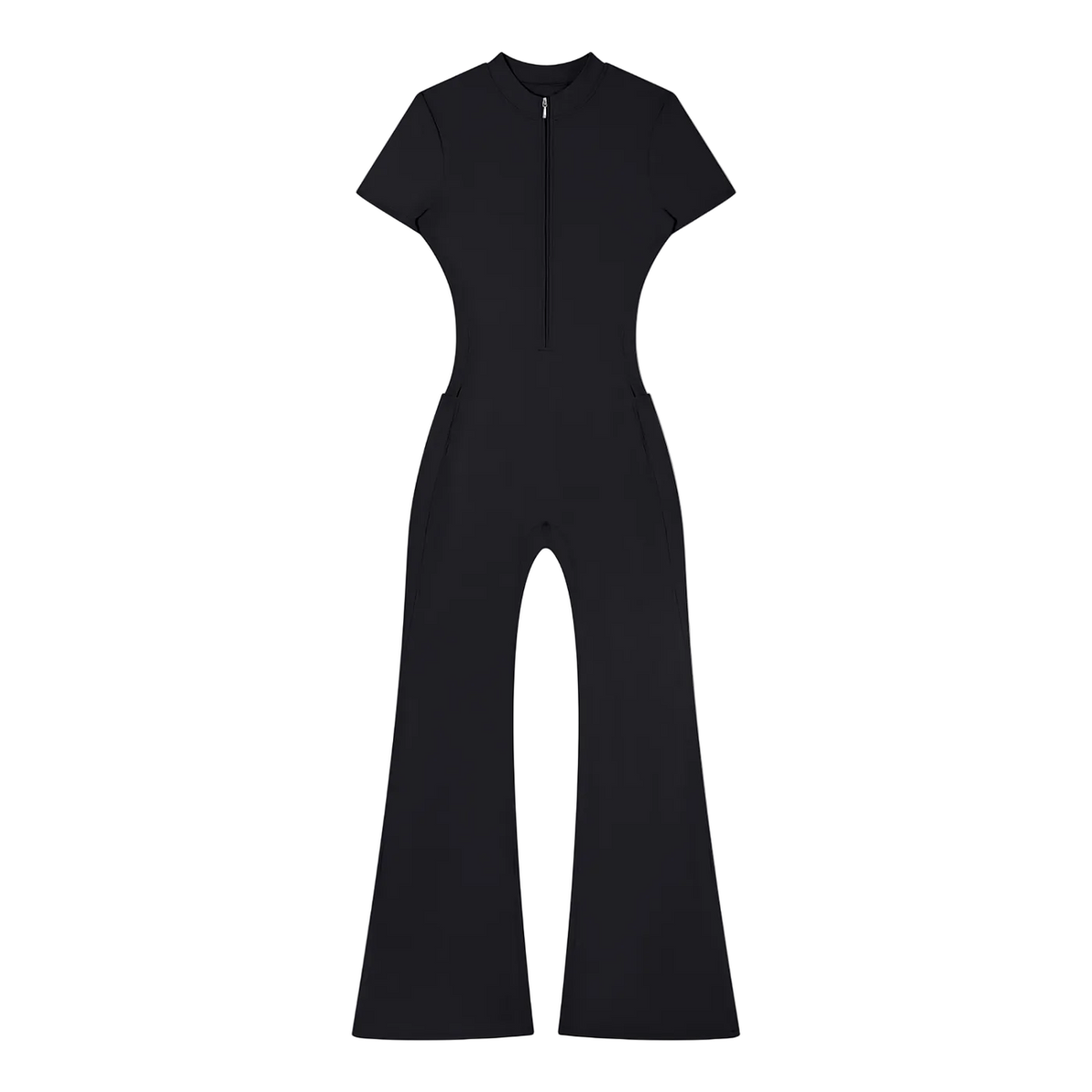 Short-sleeve women's quarter-zip jumpsuit with fitted waist, flared legs and side seam pockets