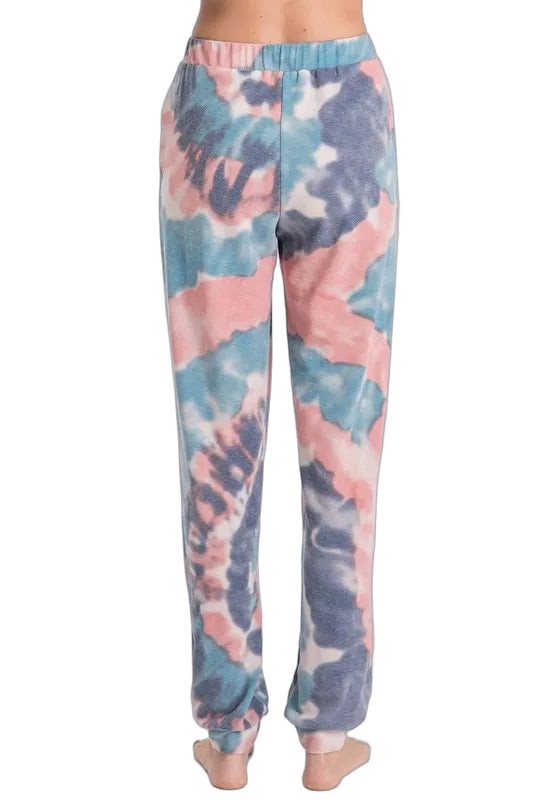 Full-length pastel pink, blue and gray tie-dye pants with elastic waistband and cuffed ankles