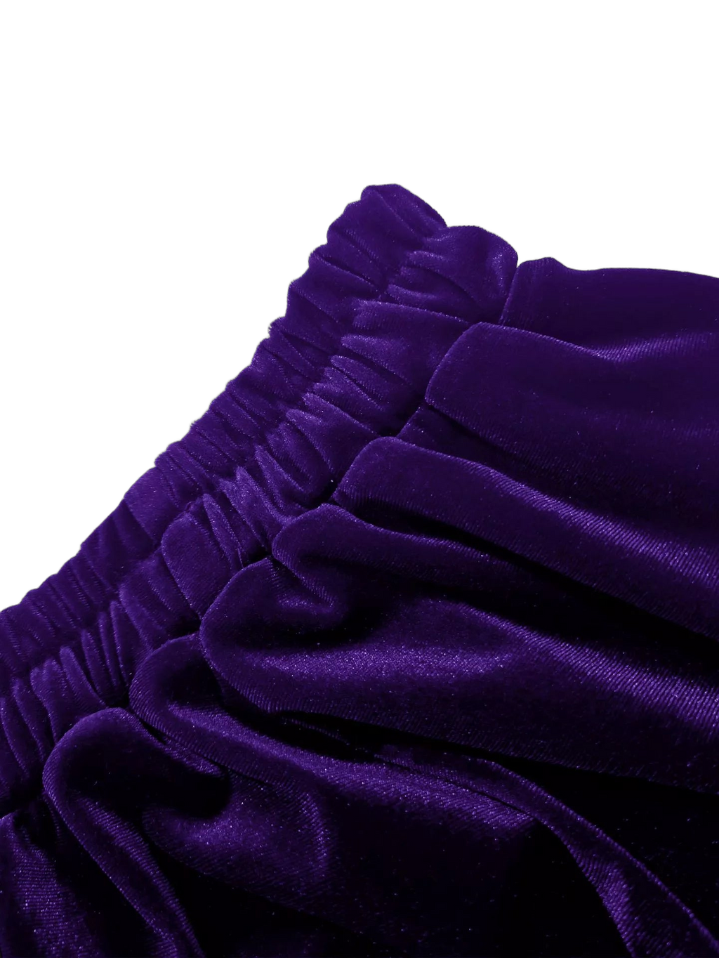 Purple velvet fabric with elastic ruched waistband and ruffled layers