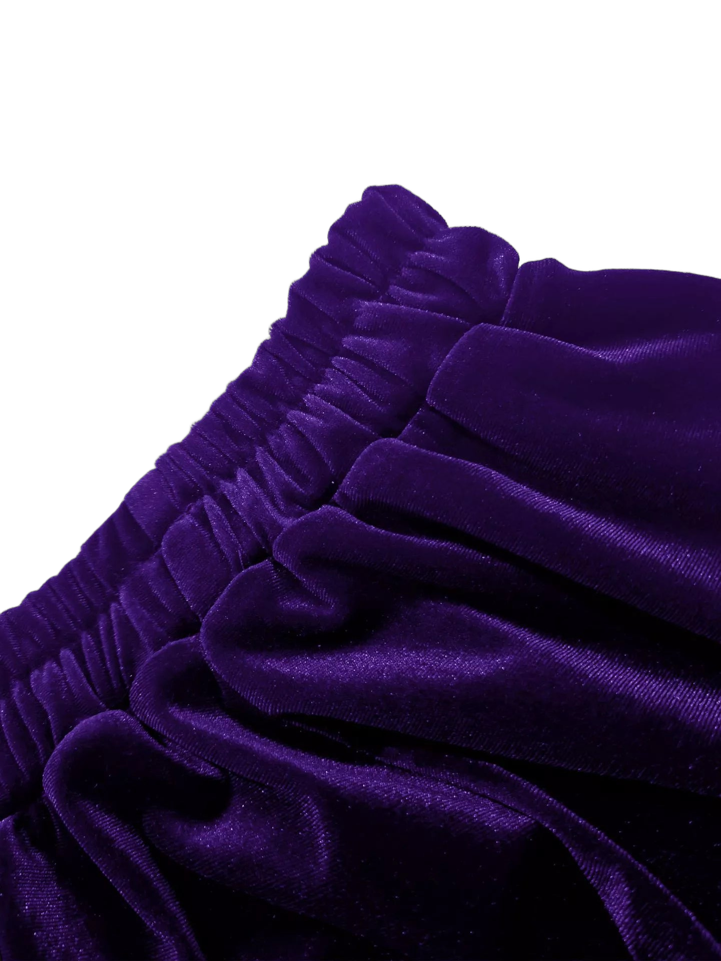 Purple velvet fabric with elastic ruched waistband and ruffled layers