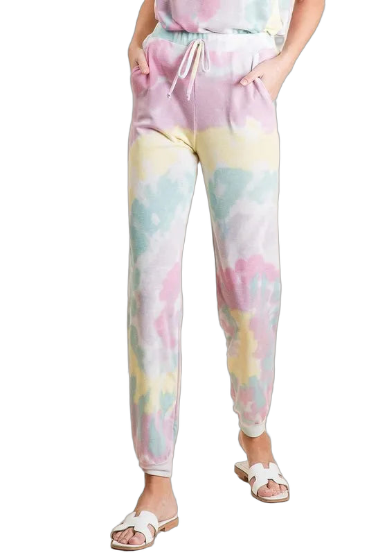 Pastel pink, yellow and mint tie-dye drawstring jogger pants with side pockets and cuffed ankles