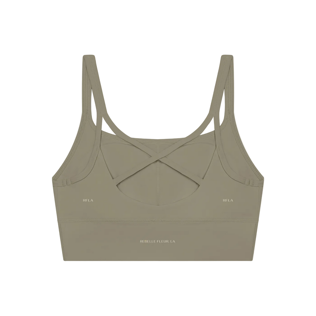 Back view of cropped tank with crossed thin straps, scoop back and small 'RFLA' and 'REBELLE FLEUR. LA.' logos
