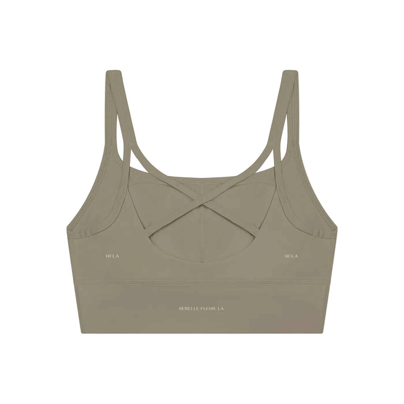 Back view of cropped tank with crossed thin straps, scoop back and small 'RFLA' and 'REBELLE FLEUR. LA.' logos