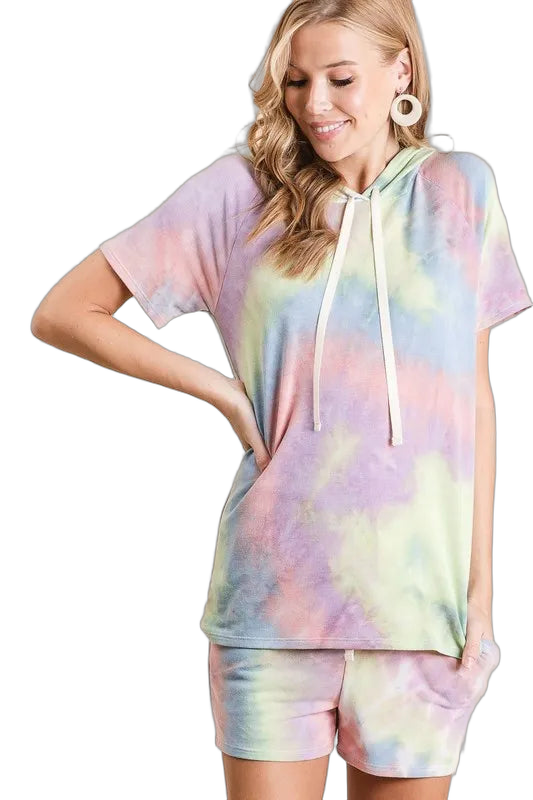 Pastel tie-dye hooded short-sleeve top with matching French terry shorts featuring a drawstring waist and pockets