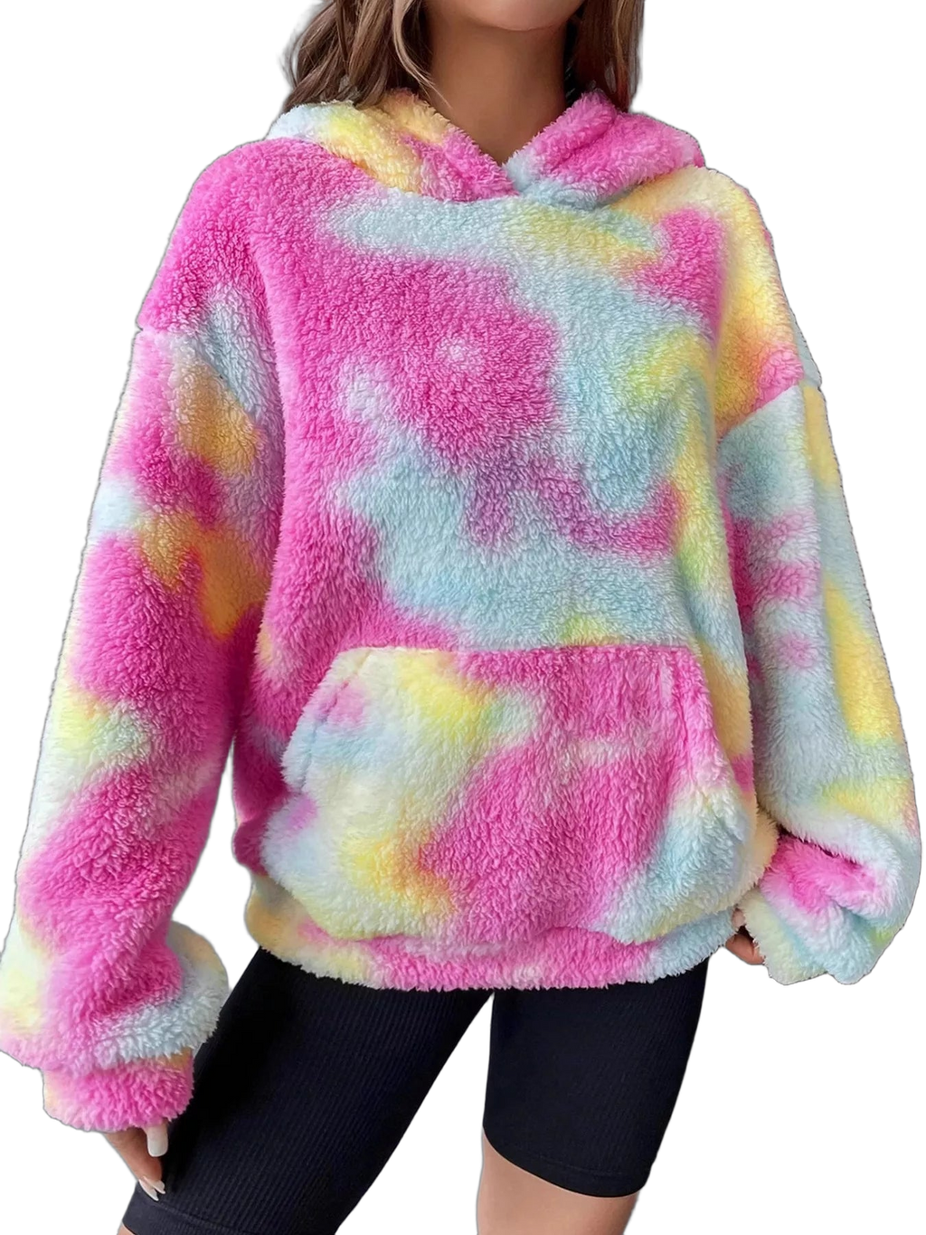 Fuzzy hooded pullover with pink, blue and yellow tie-dye pattern, kangaroo pocket and drop shoulders