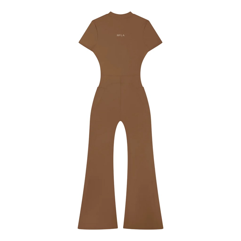 Brown short-sleeve fitted jumpsuit with flared legs and small white 'RFLA' logo centered on upper back