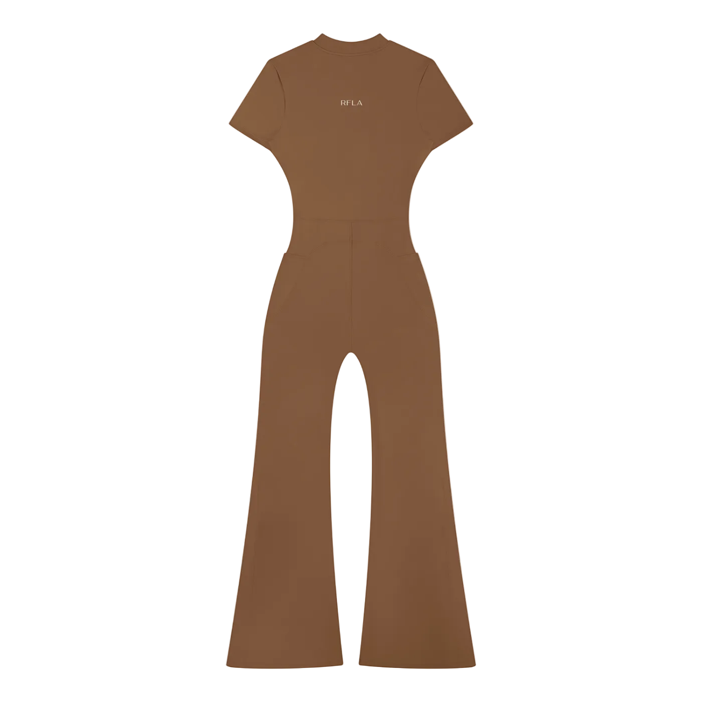 Brown short-sleeve fitted jumpsuit with flared legs and small white 'RFLA' logo centered on upper back