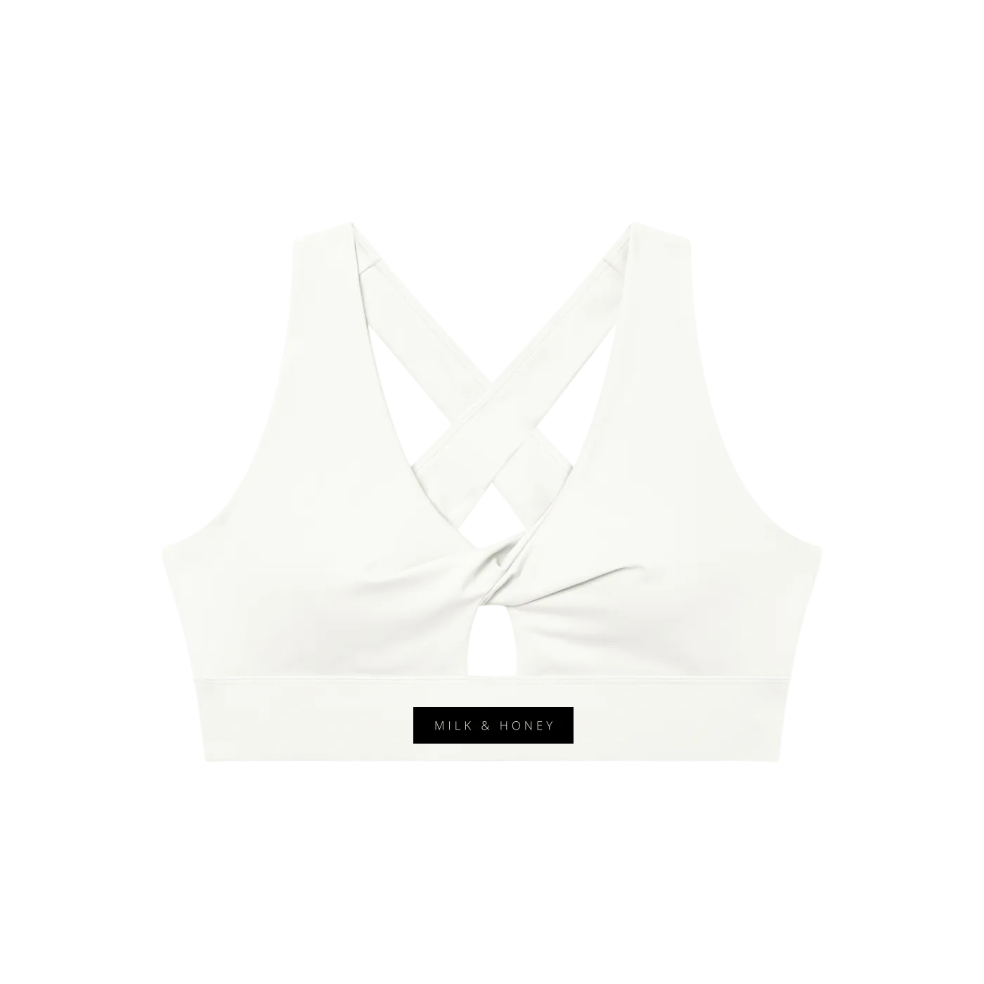 Sports bra back with crisscross straps, twist-front center, small keyhole above elastic band and 'MILK & HONEY' label