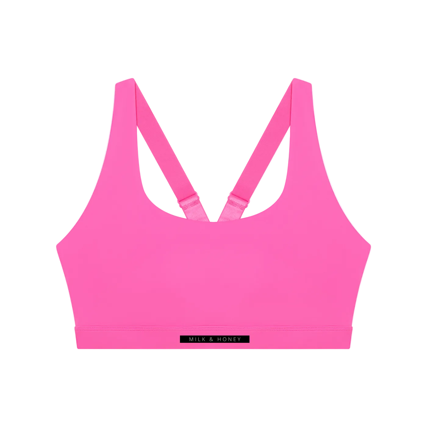 Bright pink sports bra with V-back adjustable straps and elastic underband labeled 'MILK & HONEY'