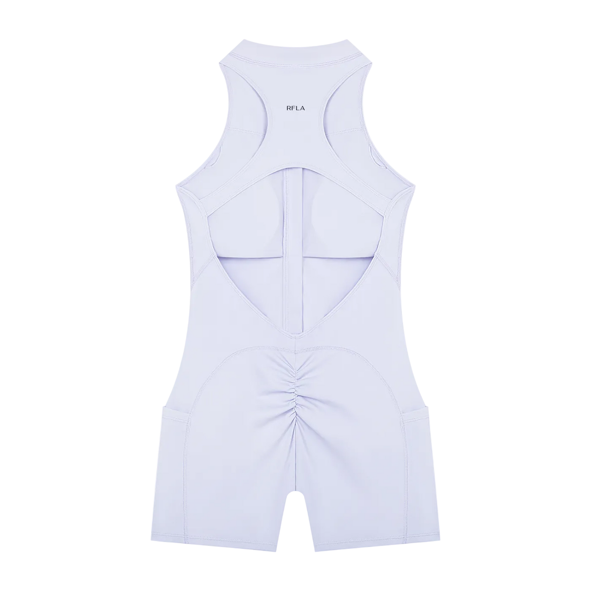 Back view sleeveless romper with racerback cutout, vertical center seam, ruched rear seam, short legs and small 'RFLA' logo