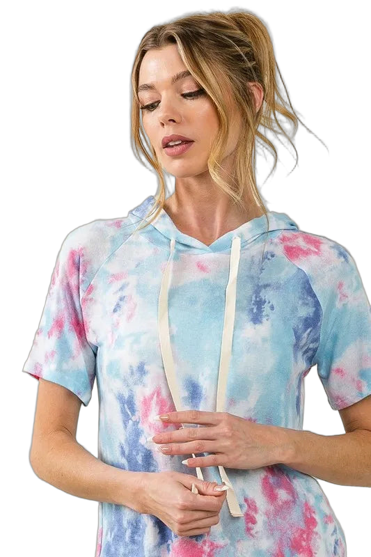Short-sleeve aqua blue tie-dye hoodie with pink and blue splotches, hood and long cream drawstrings.