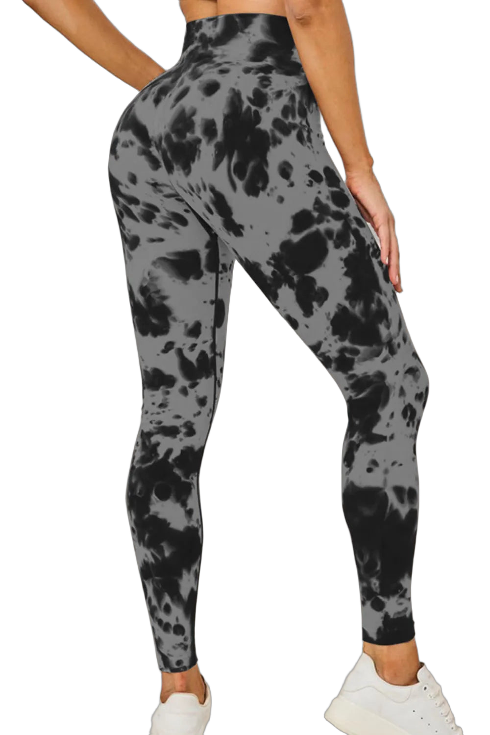 High-waist gray and black tie-dye leggings on model, full-length with high waistband and white sneakers