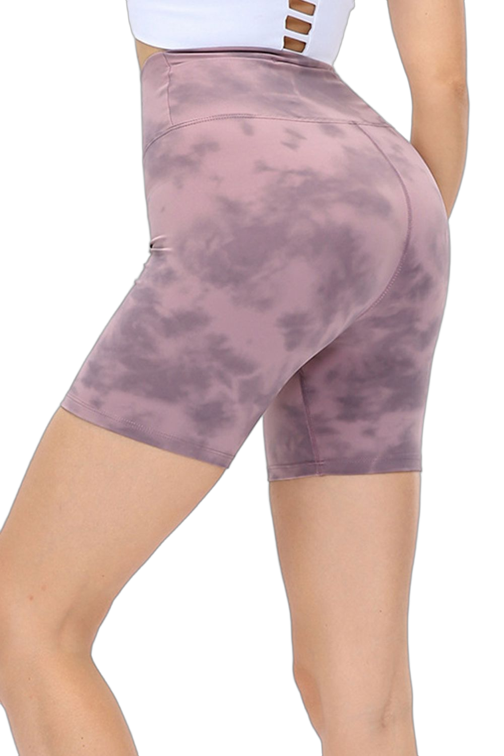 High-waist tie-dye biker shorts with wide waistband, mid-thigh length and curved seam details.
