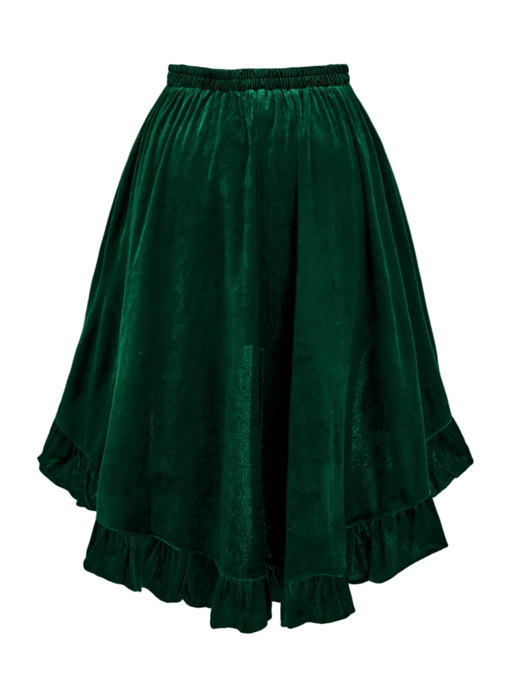 Dark green velvet skirt with elastic gathered waistband, ruffled tiers and flounced hem