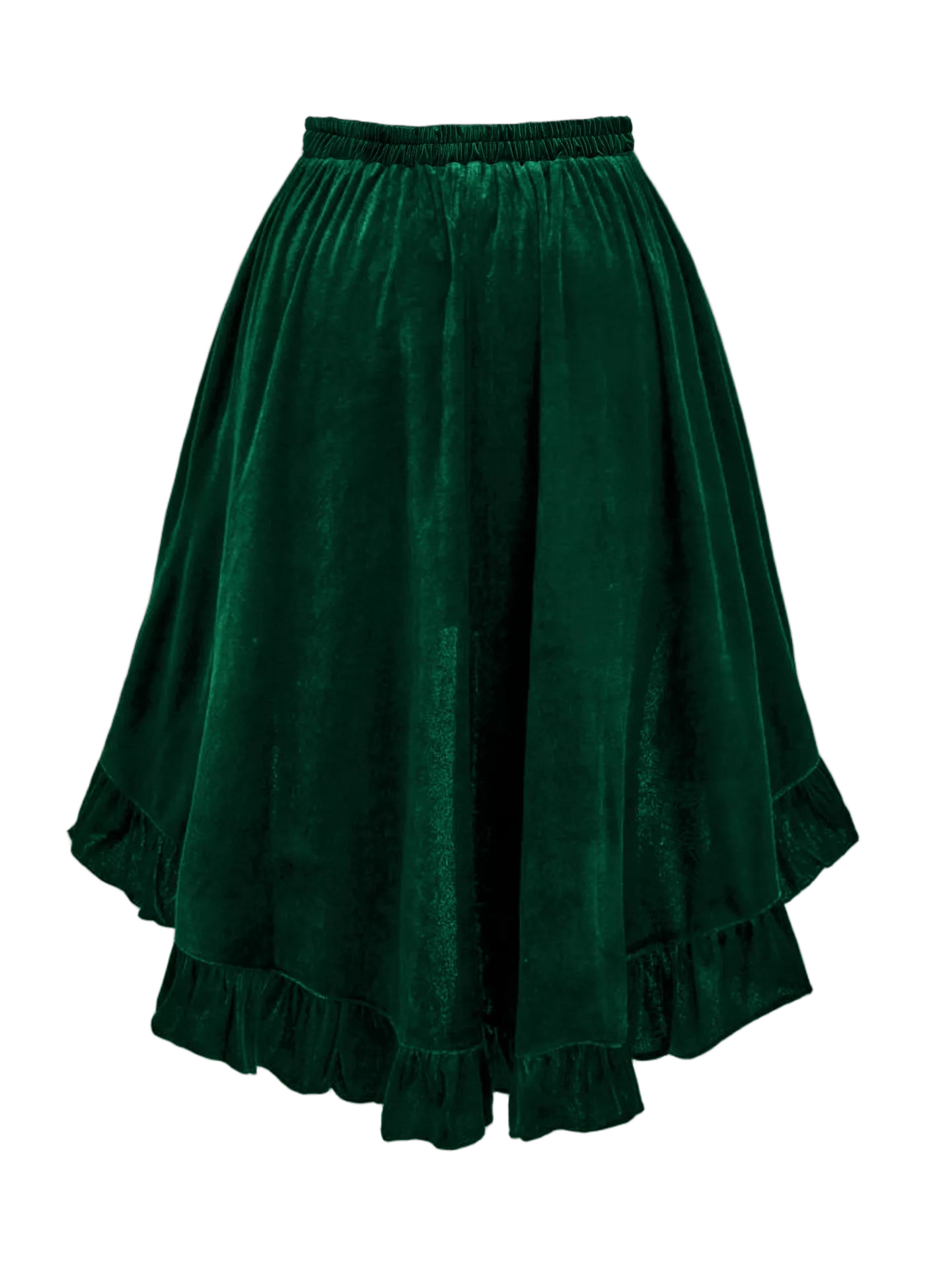 Dark green velvet skirt with elastic gathered waistband, ruffled tiers and flounced hem
